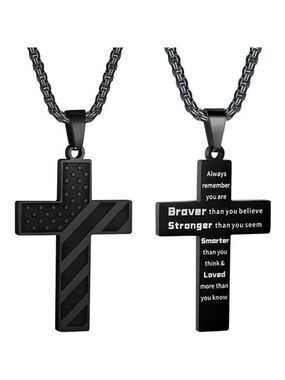 Black American Flag Cross Necklace Men Stainless Steel Box Chain 22+2 inch NEW